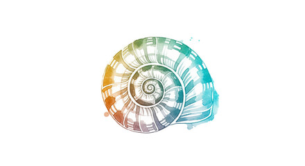 A watercolor painting of a nautilus shell with rainbow colors on a black background in a minimalist style