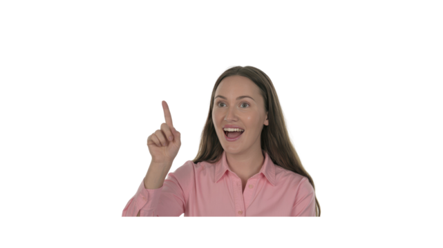 Excited Young Woman Having a Great Idea, Pointing Up with Finger