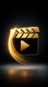Cinematic Gold: A radiant golden film clapperboard, elegantly stylized with motion blur and a play button, is set against a deep black backdrop, creating a captivating symbol of the cinematic world.