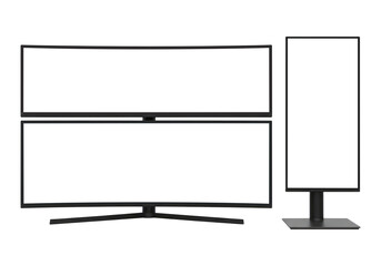 Naklejka premium A Modern Triple Monitor Workstation with Stacked and Vertical Screens, Cut Out, Clipping Path Isolated on a Transparent PNG Background.