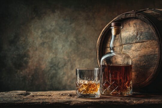 Whiskey still life glass bottle and barrel on rustic wood against a textured backdrop