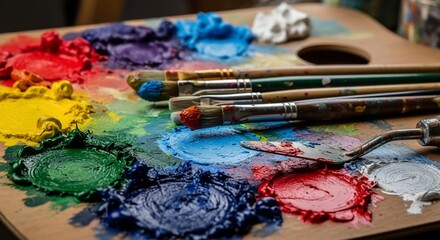 Obraz premium Colorful Artist's Palette with Paint, Brushes, and Spatula.