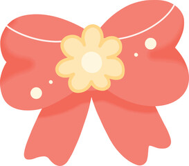 A red bow with a yellow flower in the center of the bow.