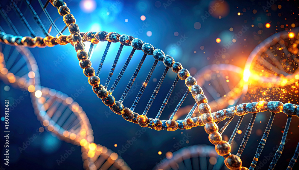 Poster dna helix in the digital universe: the image features a glowing double helix of a dna structure, sho