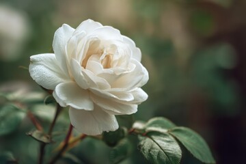 Obraz premium Detailed image of a pretty white rose against a blurred green leafy backdrop