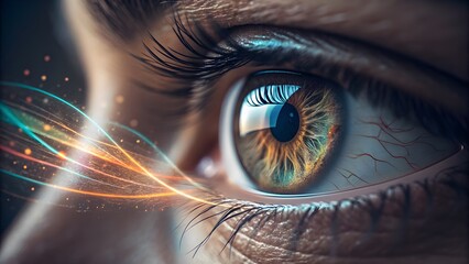 Macro human eye with data‑stream overlay abstract close‑up