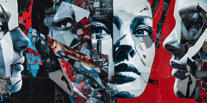 person, skin, people, futuristic composition where AI-generated faces blend seamlessly with hand-cut collages