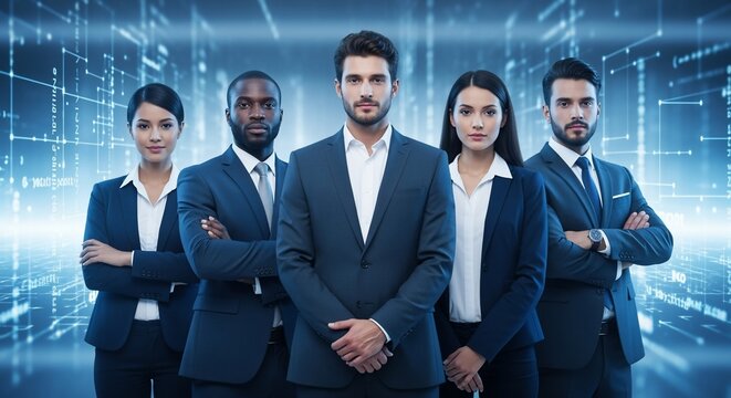Diverse Business Team in Suits, Futuristic Tech Background.