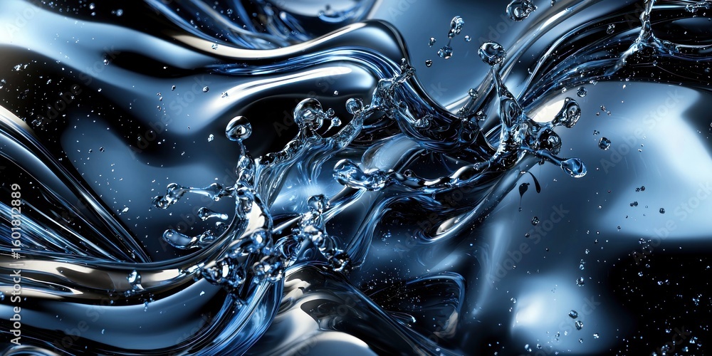 Poster motion, freshness, futuristic composition where liquid metal dynamically splashes into unique abstra