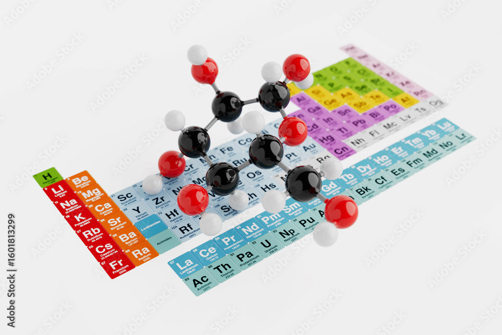 Poster science and research concept. molecular structure model placed over colorful periodic table. 3d rend