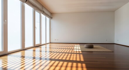 Obraz premium Empty Room with Sunlight and Meditation Cushion