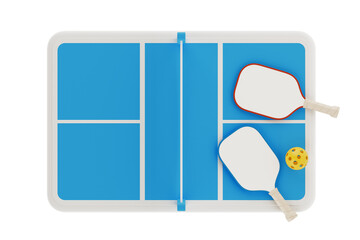 Sport And Recreation Concept. Mini Pickleball Court With Paddles, Net And Perforated Ball. 3d...