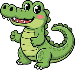 Obraz premium Smiling green cartoon alligator, ready for fun and adventure! It's friendly and cute, with big eyes and a happy grin. Transparent png vector
