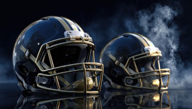Two dark-navy football helmets with gold stripes, reflective surface, smoky background, dramatic lighting