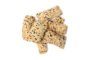 Phuket taro sesame puff pastry (Mor Lao), made from taro mixed with rice flour, sprinkled with sesame, isolated white background. Top view