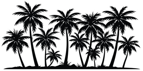 Silhouette of lush tropical palm trees against a clear sky background