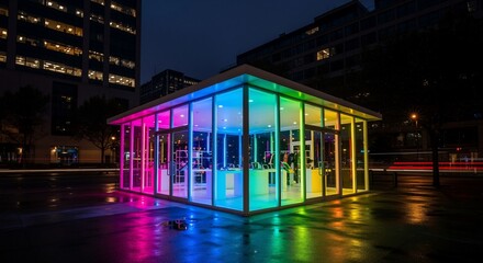 Illuminated Glass Building with Rainbow Lighting at Night