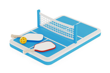 Sport And Recreation Concept. Mini Pickleball Court With Paddles, Net And Perforated Ball. 3d Rendering