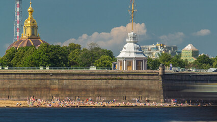 Beach near Peter and Paul Fortress across the Neva river timelapse, St. Petersburg, Russia