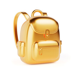 Luxury Education And Fashion Concept. Shiny Golden School Backpack Icon. 3d Rendering