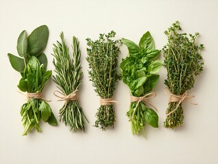 Collection of fresh herbs, tied with twine lying on white background