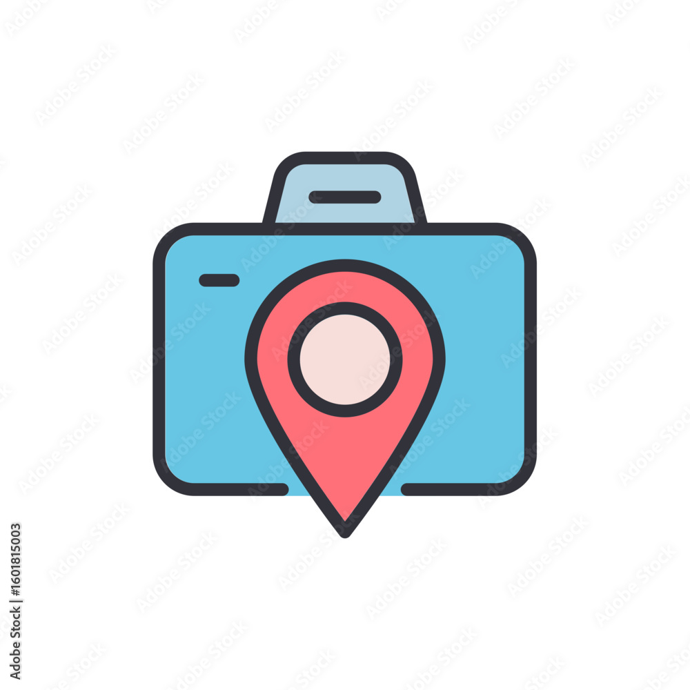 Poster camera icon with location pointer for photo spots and exploration