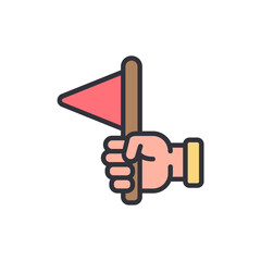 Hand Holding Up A Red Pennant Flag For Support Or Victory