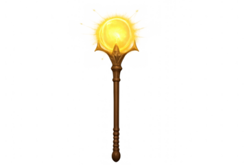 Magical wooden staff emitting bright yellow light, isolated on transparent background, perfect for fantasy and game projects