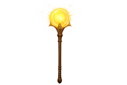 Magical wooden staff emitting bright yellow light, isolated on transparent background, perfect for fantasy and game projects