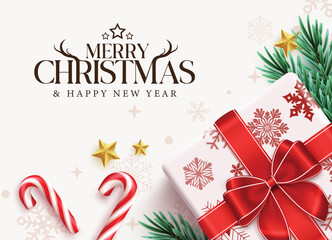 Merry Christmas greeting card clipart design. Merry Christmas and Happy New Year text clip art with gift box, candy cane cane, fir leaves and star decoration elements frame design in simple snowflakes