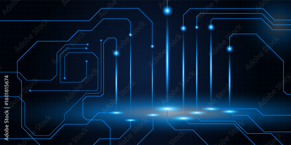 Poster vector illustration of futuristic digital technology background with glowing dots floating on digita