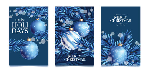 Merry Christmas greeting clipart poster design. Merry Christmas and happy holidays invitation card clip art collection with blue fir leaves and hanging xmas balls in snow winter bokeh background 