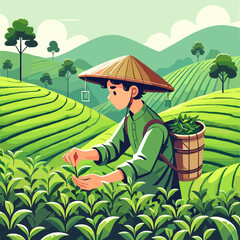 Farmer Picking Tea Leaves in a Green Field with Basket Under Sky at Daytime