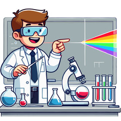 Scientist in Lab Coat Demonstrating Physics with Prism and Rainbow on Background