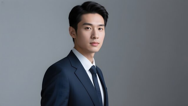 A man in a formal suit standing against a neutral background.