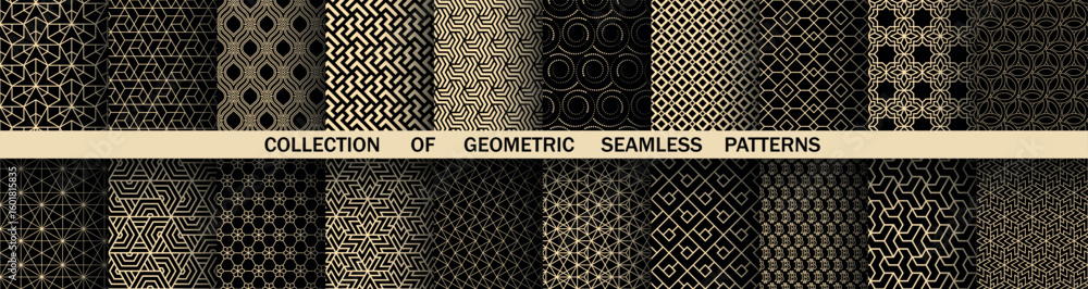 Poster geometric set of seamless black and golden patterns. simple vector graphics
