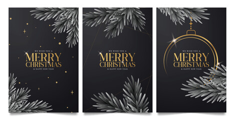 Merry Christmas and Happy new year greeting clipart poster design. Wishing merry Christmas invitation card template clip art with fir leaves in black background seasonal banner collection vector 