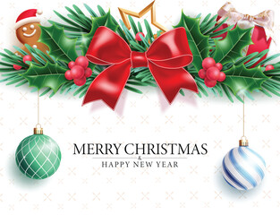 Merry Christmas greeting card clipart design. Merry Christmas and Happy New Year text clip art in garland decoration with red ribbon, mistle toe, hanging xmas balls, holly berry, ginger bread, star 