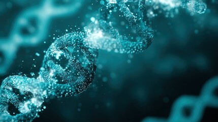 Nanorobotic medical swarm forms a glowing DNA helix, demonstrating advanced biotechnology innovation in a sterile laboratory setting, in teal and white color scheme.