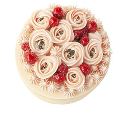 Top View Of An Elegant Cake Decorated With Cream Roses And Berries, Isolated On White.
