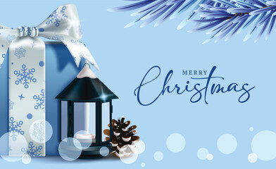 Merry Christmas greeting clipart design. Gift box and lantern light decoration elements clip art with merry Christmas greeting banner card template in blue snow winter background vector illustration.
