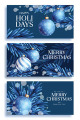Merry Christmas greeting clipart banner design. Merry Christmas and happy holidays wishing text clip art in blue bokeh background with hanging xmas balls and fir leaves decoration elements new year 