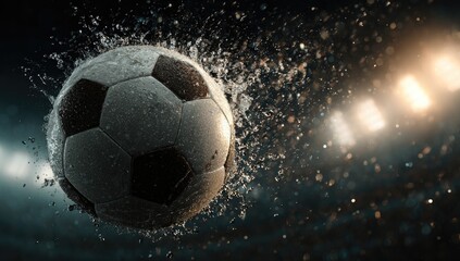Naklejka premium Wet soccer ball in motion, surrounded by water droplets and stadium lights, creating a dynamic, energetic scene