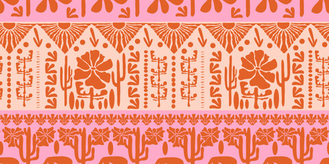 Desert matisse illustration. At nouveau landscape panorama with cactus. Tile seamless pattern in groovy 60s 70s vibes.