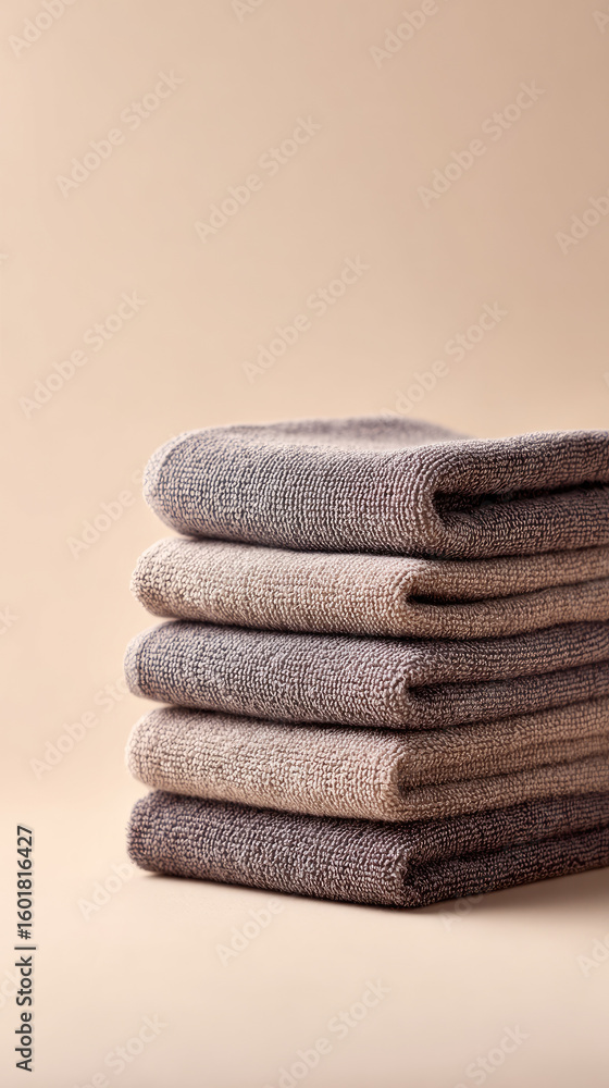 Poster stack of soft towels in neutral colors on beige background