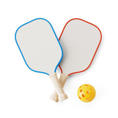 Competitive Sport Concept. Two Pickleball Paddles With Blue And Red Edges Crossed Next To Yellow...