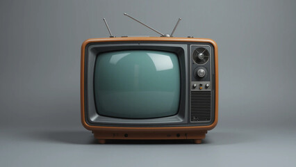 Vintage Television Set on Beige Background. Retro Mid-Century Modern TV. Classic Old-Fashioned Television. Nostalgic Wooden TV Receiver. Isolated Retro Television Object