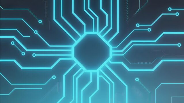 Blue Circuit Board Design with Central Hexagon Node