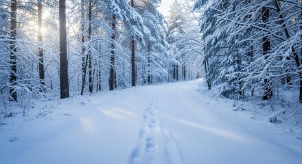 Snowy Forest Path with Footprints and Sunlight, Winter Landscape.