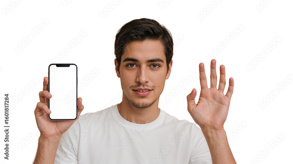 Poster isolated young man presenting smartphone with transparent display and gesturing hello